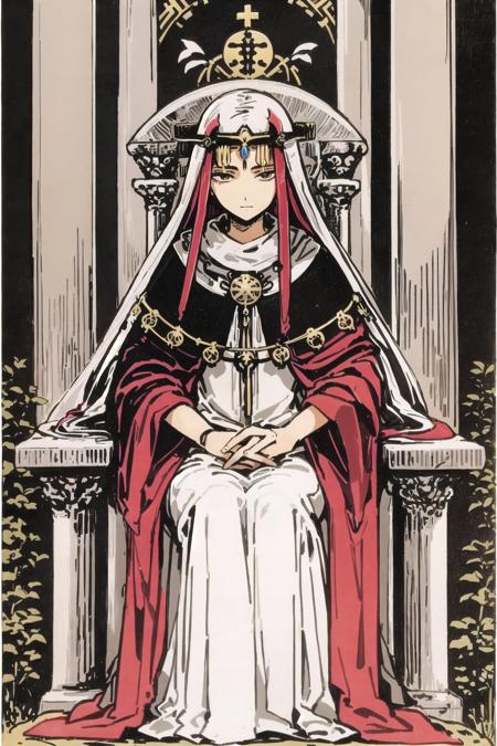 <lora:Tarotv0.2:0.9>, tarot card, the high priestess, woman, robes, headpiece, throne, columns