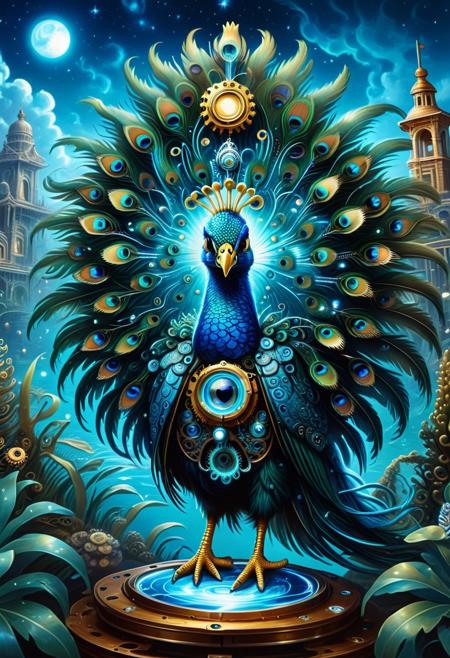 embedding:lazypos, animal, feral animal, surrealist animal, no human, sfw, 
The Clockwork Peacockamthus
Character: A peacock fused with a protea flower, its feathers made of intricate glowing  gears that tick as they fan out.
Activity: Painting an upside-down landscape on a floating easel.
Background: A studio where the brushes move on their own, and the glowing swirls into living creatures.
Tragic Origin: It was an artist cursed to see the world in reverse—now it can only paint what it cannot understand.
Glowing Transformation: The gears in its feathers glow blue when it captures a memory perfectly.