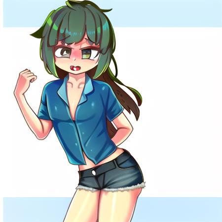 eir, 1girl, solo, brown hair, shorts, brown eyes, shirt, blue shirt, long hair, open mouth, simple background, white background, blush, looking at viewer, short sleeves, short shorts, breasts, bangs, cowboy shot, small breasts, black shorts, collarbone, denim, denim shorts, collared shirt<lora:EIR_last:1>