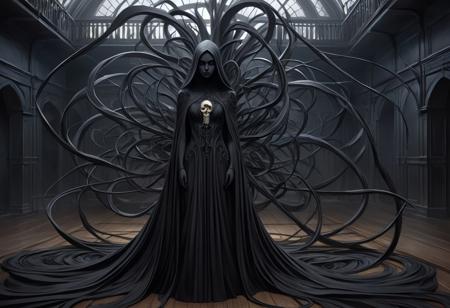 Inky tendrils of shadows swirl within the haunted house, each fold and crease of the darkness hinting at hidden depths. A solitary figure stands, shrouded in black, a stark contrast against the surrounding nothingness. The image, a finely detailed painting, captures the desolate beauty of the scene, emphasizing the stark contrast between light and dark. The shadows seem to almost pulse with a mysterious energy, drawing the viewer in with their captivating allure. Every brushstroke of this breathtaking piece brings the void to life in a way that is both haunting and entrancing.
intricate organic sculptures, dark and surreal illustrations, surreal and fantastical world, nature-inspired sculptures, eerie and otherworldly elements, delicate balance between beauty and darkness, intricacy and surrealism, mesmerizing realm, organic meets macabre, harmonious and haunting display, intricate storytelling, surreal aesthetic, dark beauty, fantastical creatures, nature-inspired details, macabre atmosphere, whimsical and eerie blend.