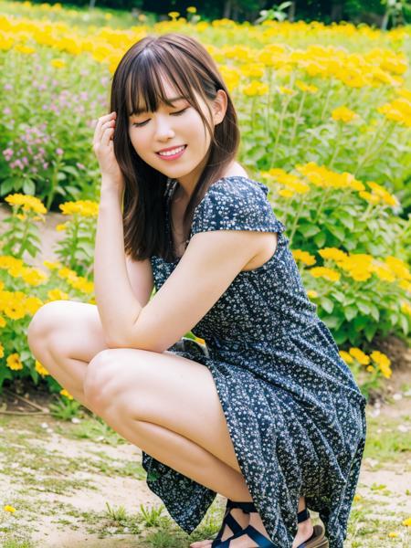 best quality, ultra high res, (photorealistic:1.4), <lora:sayurin:0.7>, 1girl, medium_hair, bangs, (smile:0.2), dress, selfie, squatting, flower meadow, sniffing flower, closed_eyes