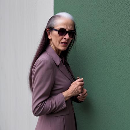 Street photography, Southern European, old, woman, Long hair, Female bald, Textured brush back hair, Burgundy hair, Hairpods, Deep Set eyes shape, Blue eyes, sunglasses, Neutral lips, Mauve lips, Square with Sharp Jaw, Dewy makeup, Angry, Flyweight body, Smoking pose, Laughing candidly, Business Casual dress, Butterfly lighting, Bloom, Sunrise, Snowy, forest green background, Wall background, Canon EOS RP, Drone shot, From beside