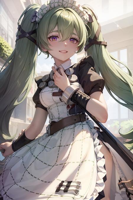 masterpiece, best quality,  outdoors, <lora:corin:1>,1girl, twintails, green hair, long hair, solo, maid, apron, maid headdress, dress, short sleeves, maid apron, red eyes, holding, looking at viewer, black dress, bow, puffy sleeves, blush, bangs, puffy short sleeves, hair between eyes, belt, frills, bowtie, twitter username, sweatdrop, breasts, white apron, weapon, green background, parted lips, sparkle, smile, holding weapon, very long hair