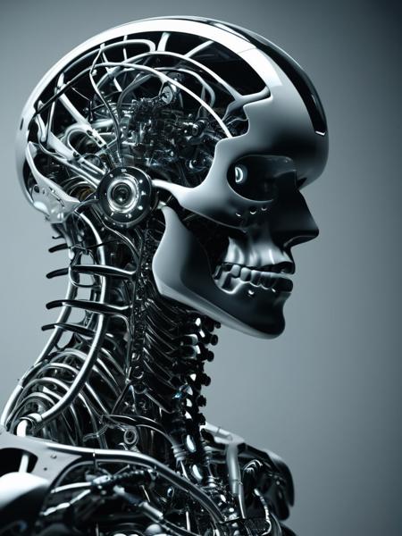 An enthralling 3D render unveils a dark fantasy mechanical neck spine system, envisioning a futuristic and sinister concept. The spine is intricately detailed, incorporating fiber optic neurons that interconnect with a polished, transparent helmet. The helmet houses electronic-optical eyes that emit a subtle, enigmatic glow, contributing to the ominous appearance. The design masterfully merges advanced technology with the macabre, eliciting a sense of enigma and captivation. This conceptual artwork prompts the viewer to contemplate the intersection of technology and dark fantasy, evoking a blend of fascination and discomfort.