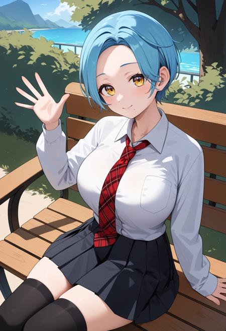 aamoira, medium hair, blue hair, braid, yellow eyes, mole under mouth, large breasts, feathered wings, white wings, collarbone, cleavage, strapless, frilled dress, white dress, elbow gloves, white gloves aamoira, medium hair, blue hair, braid, yellow eyes, mole under mouth, large breasts, collarbone, t-shirt, white shirt, short sleeves, clothes writing, denim, jeans, blue pants aamoira, short hair, blue hair, parted bangs, yellow eyes, mole under mouth, large breasts, plaid necktie, red necktie, collared shirt, white shirt, long sleeves, pleated skirt, black skirt, black thighhighs