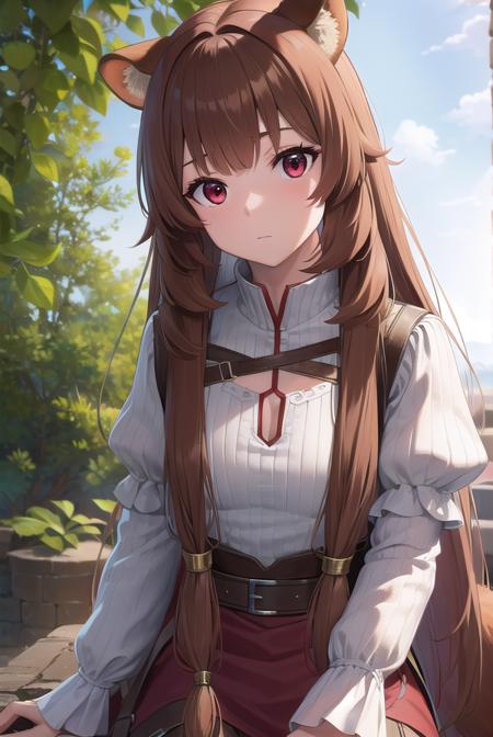 raphtalia, <lora:raphtalia-lora-nochekaiser:1>,
raphtalia, animal ears, brown hair, long hair, raccoon ears, raccoon girl, raccoon tail, (red eyes:1.5), tail,
BREAK arm garter, belt, brown belt, brown dress, dress, juliet sleeves, long sleeves, puffy sleeves, short dress,
BREAK looking at viewer,
BREAK outdoors, forest, nature, sun, sky, (cowboy shot:1.5),
BREAK <lyco:GoodHands-beta2:1>, (masterpiece:1.2), best quality, high resolution, unity 8k wallpaper, (illustration:0.8), (beautiful detailed eyes:1.6), extremely detailed face, perfect lighting, extremely detailed CG, (perfect hands, perfect anatomy),