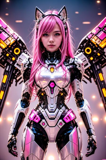 <lora:AgainCyberpunkArmor:0.8>,18 y.o, cuite face, 1girl, long hair, solo, pink hair, pink eyes, portrait, very long hair, looking at viewer, standing, animal ears, breasts, mechanical arms, science fiction, cyborg, necktie, chibi, wings,