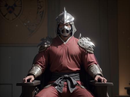 (cinematic:1.3), ((sitting on a large luxurious massive throne)), ((in a throne room, Japanese royal palace interior, bokeh, realistic lighting, ray tracing, bloom:1.4)), ((masterpiece, best quality, highres, absurdres)), a high resolution RAW photo of ((a TMNTShredder 1man armored samurai knight)), <lora:90sTMNT_Shredder:0.4>, ((wearing a red-purple outfit with pauldrons and metal samurai helmet with mask)), ((muscular, fitness physique)), atmospheric, ((photorealism, photorealistic:1.4)), 8k, highly detailed, intricate detail