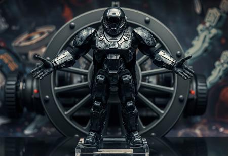 The image features a highly detailed, full-body view of a Neo Bubbleman, exuding an aura of advanced technology and precision, predominantly black and gray, stands boldly on a clear stand, arms outstretched in a ready stance. A camouflage pattern adorns the Neo Bubbleman's body, adding a sense of realism. Placed in front of a Cannon Wheel, the dark color scheme creates a striking contrast. A vibrant, detailed background enhances the composition.