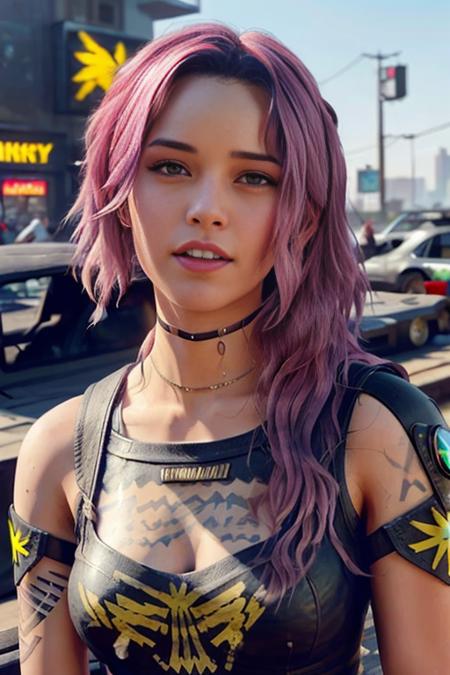 valkyrae photo of the most beautiful artwork in the world featuring (Cyberpunk 2077),cgi, pink cyberpunk hair, freckles, nostalgia, sexy, professional majestic oil painting by Ed Blinkey, Atey Ghailan, by Jeremy Mann, Greg Manchess, Antonio Moro, trending on ArtStation, trending on CGSociety, Intricate, High Detail, Sharp focus, dramatic, photorealistic painting art by midjourney and greg rutkowski  <lora:valkyrae_v_flex:0.7>