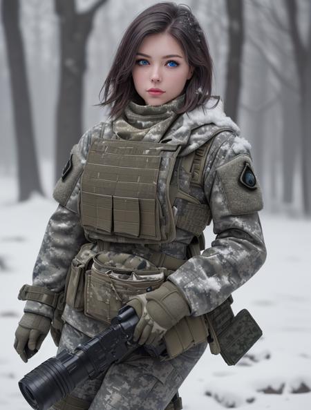 (photorealistic), beautiful lighting, best quality, realistic, full body portrait, real picture, intricate details, depth of field, 1girl, in a cold snowstorm, A very muscular soldier girl with haircut, wearing winter camo military fatigues, camo plate carrier rig, combat gloves, (magazine pouches), (kneepads), highly-detailed, perfect face, blue eyes, lips, wide hips, small waist, tall, make up, tactical, Fujifilm XT3, outdoors, bright day, Beautiful lighting, RAW photo, 8k uhd, film grain, ((bokeh))