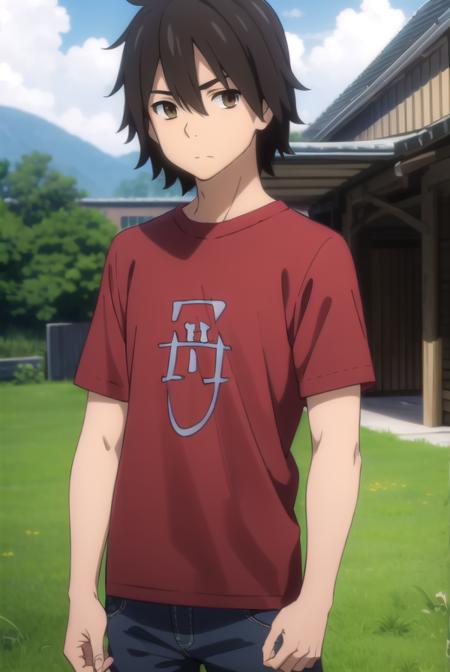 jintayadomi, <lora:jinta yadomi s1-lora-nochekaiser:1>,
jinta yadomi, black hair, male focus, (brown eyes:1.3),
BREAK shirt, pants, t-shirt, red shirt,
BREAK outdoors, house, fields, grass, sky, sun, clouds,
BREAK looking at viewer, (cowboy shot:1.5),
BREAK <lyco:GoodHands-beta2:1>, (masterpiece:1.2), best quality, high resolution, unity 8k wallpaper, (illustration:0.8), (beautiful detailed eyes:1.6), extremely detailed face, perfect lighting, extremely detailed CG, (perfect hands, perfect anatomy),