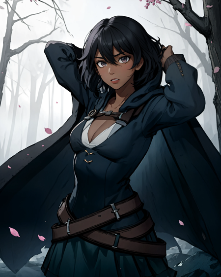 MariaCalavera 1girl, dark skin, black hair, short hair, silver eyes dress, cleavage, cape, belts