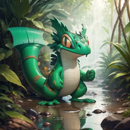 (8k, RAW photo, best quality, masterpiece:1.2), jungle, tropical forest, moisture, tail, green scales, red eyes, long tongue, puddles, steam, sweat, raindrops, vivid colors , techo, <lora:Techo:0.70>