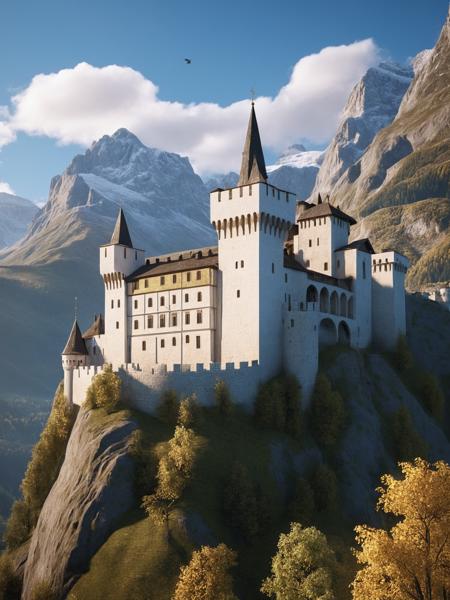 (huge sacred European castle on the mountains: 1.3), surrounded by many small villages, castles and mountains with many (waterfalls of different sizes),(the castle is composed of white brick walls), with gold paint on them, very gorgeous and noble, very complicated decoration, vegetation, blue sky, clouds floating in the mountains,(birds flying: 0.4), (Unreal Engine Rendering: 1.1),(realistic, photo-realistic:1.1),(super detail: 1.2), very clear, film level lighting, 4k, masterpiece,high resolution,Variegated color filter,