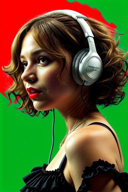 masterpiece, best quality, oil painting \(medium\), real, solo, 1girl, blonde hair, headphones, hair curls, black background, sound waves, green neon, white dress, musical note, red lipstick, medium hair, ringlets, green theme, hand on headphones, frills, puffy sleeves, short sleeves, red neon background, face close up, above view,