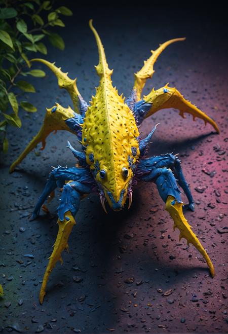 A Quizzlethorn, unique creature, photorealistic rendering, bright lighting: warm yellow, soft pink, deep blue, vibrant green. Camera angle: overhead, looking down. Drawing style: realistic, detailed, textured. Mix drawing styles: blended, layered, subtle. High-quality, 4K, detailed, ultra HD prompt. Best quality, professional, Portrait, photo shoot,