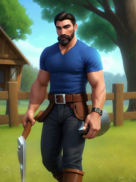 <lora:Warcraft3_peasant:0.7> solo, looking at viewer, short hair, black hair, 1boy, holding, weapon, male focus, boots, outdoors, sky, day, belt, pants, armor, tree, blue sky, muscular, feet out of frame, facial hair, thick eyebrows, grass, muscular male, bara, beard, walking, mature male, fence, mustache, axe, manly, house, realistic, 8k, ultra hd, beautiful, professional, highres, absurdres, award winning, photorealistic, ultra highres, sharp focus, best quality, extremely detailed, masterpiece, hyper-detailed, photographic, perfect detailed hands, perfect face, perfect body, perfect eyes, perfect lips, perfect nose, perfect hands, perfect fingers