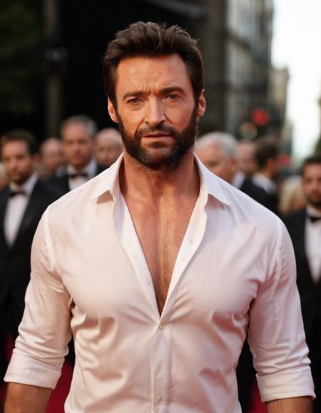 medium shot, photorealistic, hugh jackman on the red carpet, unbuttoned shirt, chest hair, detailed nipples, cinematic lighting, dynamic pose