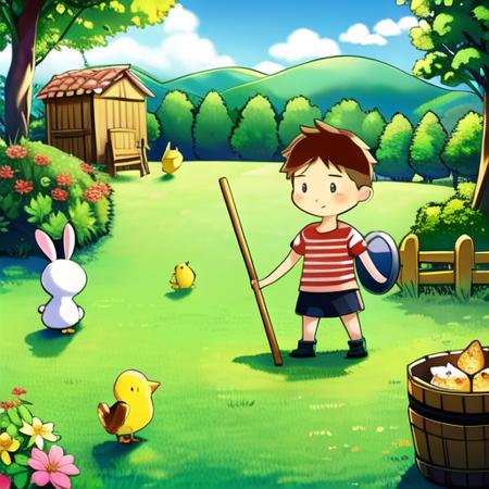 (masterpiece:1.2), best quality, masterpiece, highres, original, extremely detailed wallpaper, perfect lighting,(extremely detailed CG:1.2), drawing,  1boy, basket, bird, blue sky, broom, brown hair, bucket, bunny, bush, butterfly net, chick, chicken, cloud, day, duck, fence, field, food, forest, fruit, garden, grass, hand net, hill, hose, house, male focus, mountain, nature, on grass, outdoors, park, path, picnic basket, plant, road, shirt, sky, tree, tree shade, tree stump, wading pool, wooden fence, <lora:picture_book:0.7>