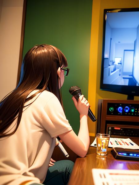 masterpiece, best quality, ultra-detailed, illustration,
karaokeroom, scenery, microphone, 1girl, glasses, holding microphone, holding, shirt, karaoke, television, indoors, white shirt, brown hair, solo,  long hair, facing away, upper body, table, couch, denmoku, 
 <lora:KaraokeRoomV2:0.6>