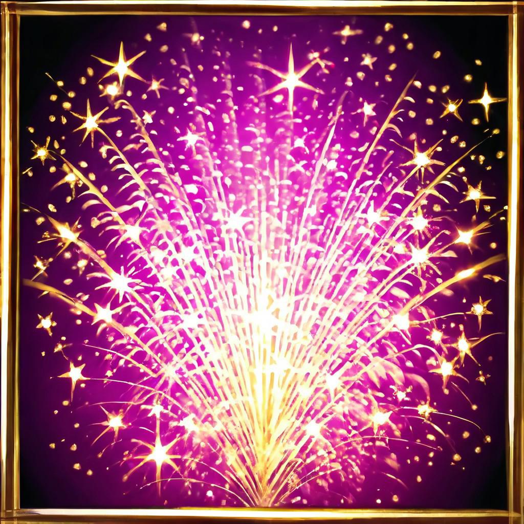 Black to purpure gradient background, golden frame, fireworks, spray fountain from bottom to top, sparks, golden stars, magic, casting spell