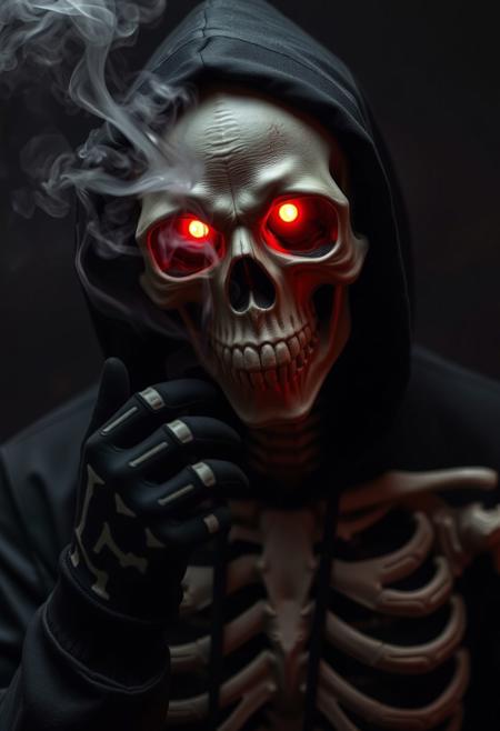 A scary picture of a person dressed as a skeleton. The person is wearing a black hooded jacket and has a black glove on their hand. The face of the skeleton is covered with a hood. The eyes of the skull are glowing red. There is a lot of smoke coming out of the person's face.