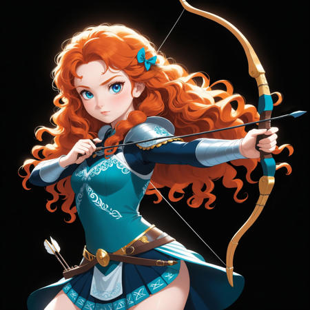 anime artwork princess merida , round face, white underglow, dark background, high quality, extreme detail, perfect drawing, ((in PrintDesign Style)) , (holding a bow and arrow quiver on her hip). . anime style, key visual, vibrant, studio anime,  highly detailed