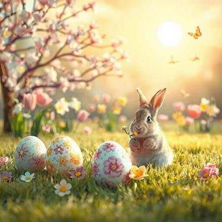 "Create a cute and cozy Easter-themed image made in soft pastel sequences. In the foreground, several bright Easter eggs are formed, decorated with beautiful patterns and flowers that have remained on the soft grass. Next to the eggs, a small rabbit with eyes and fluffy fur sits, holding a flower in its paws.
In the background, there are blooming trees with pink and white flowers, as well as spring flowers such as tulips and daffodils. The soft sun shines in the sky, creating a warm holiday atmosphere. Add a few butterflies fluttering around to keep the spring mood.
The overall lighting should be soft and warm to create a feeling of coziness and joy