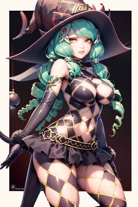 Fiore Brunelli, argyle, checkered, clothing cutout, drill hair, gloves, green hair, hat, long hair, microskirt, revealing clothes, ringlets, tail, thighhighs, twin drills, witch hat, thigh boots, high heel boots, <lora:Fiore_Brunelli-06:1>