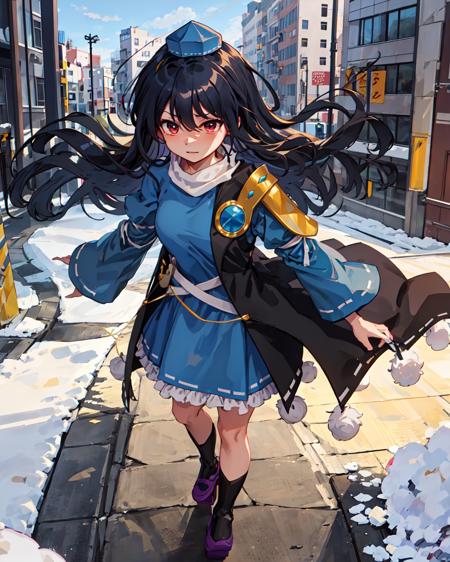 Iizunamaru Megumu, blue tokin hat, white circle scarf, blue dress, golden pauldron, black cape, pom pom (clothes), purple tengu-geta, city, buildings, road
 <lora:Iizunamaru_Megumu:0.8>