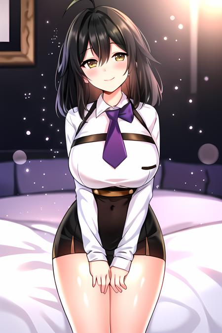 ((masterpiece, best quality)),1girl,smile,standing, outdoor,ahoge, lumi \(uniform\) \(seka\), bangs, blush, breasts, black_hair, collared_shirt, eyebrows_visible_through_hair, hair_between_eyes, large_breasts, long_sleeves, looking_at_viewer, necktie, purple_necktie,skirt, thighs, (white_shirt), yellow_eyes,,,,,,,,extremely detailed CG unity 8k wallpaper, perfect lighting,Colorful, Bright_Front_face_Lighting,White skin, (masterpiece:1.0),(best_quality:1.0), ultra high res,4K,ultra-detailed, photography, 8K, HDR, highres, absurdres:1.2, Kodak portra 400, film grain, blurry background, bokeh:1.2, lens flare, vibrant_color,professional photograph,bow breasts, (beautiful_face:1),(narrow_waist),(Beautiful  large breasts),Beautiful Finger,Beautiful long legs,Beautiful body,Beautiful Nose,Beautiful character design, perfect face,perfect balance,(2d)