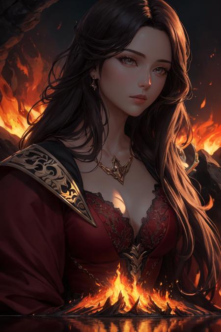 Portrait of a beautiful woman surrounded by fire, portrait of beautiful young maiden, warhammer, some red water, the middle ages, sfw, digital painting, fan art,detailed, perfect anatomy,reflection light, realistic light,8k octane wallpaper,hardline,highly detailed,intricately detailed,digital painting, fan art,ultra detailed, best quality,masterpiece, (volumetric lighting, bright),novelai, aesthetic, masterpiece, macro photography vivid colors, photorealistic, cinematic, moody, rule of thirds, majestic,  <hypernet:vaeextremecolors_v10:0.3>,:10000,