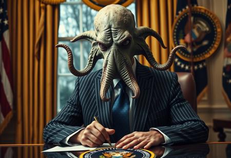 president cthulu in a sharp pin striped suit posing for presidential portrait in the oval office, real photograph, signing bill, empty eyes, lovecraftian, vote for cthulu photorealistic, correct hands, correct fingers, seal of the president of the united states, ad to vote, republican