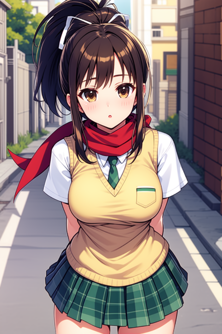  asuka, brown eyes, black hair, long hair, ponytail white ribbon, hair ribbon, red scarf, school uniform, long sleeves, white serafuku, yellow neckerchief, navel, white skirt, pleated skirt, white socks, brown shoes