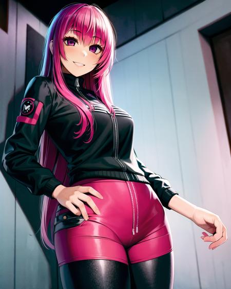 an illustration in the art-style of     <lora:JellyTitsV3-000008:0.8>, art by JellyTits,  1girl, blue_hair, long_hair, red_eyes, intricate eyes, detailed eyes, eye_focus,  black_jacket, cyberpunk, smile, standing,  black_leggings, pink_shorts,