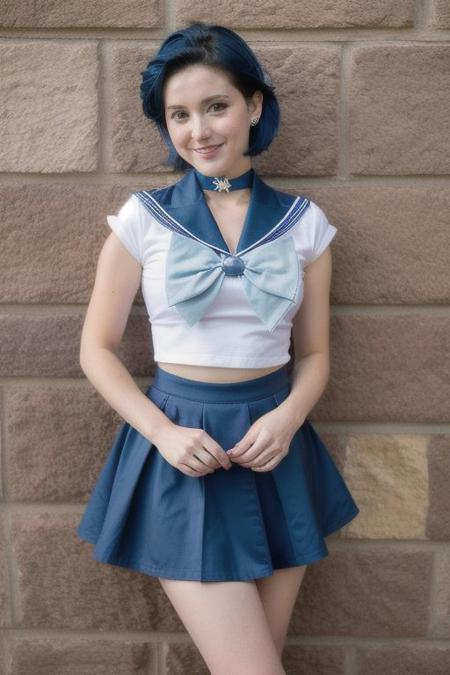 Instagram photo, skinny little 20 year old Emily, sailor mercury, ((mer1, tiara, sailor senshi uniform, blue sailor collar, bow, knee boots, choker, white gloves, blue choker, elbow gloves, jewelry, earrings, blue skirt, (blue hair))), (perfect detailed eyes), extremely detailed irises, eye contact, smiling, perfect skin, classroom, 8k, extreme detail, high resolution