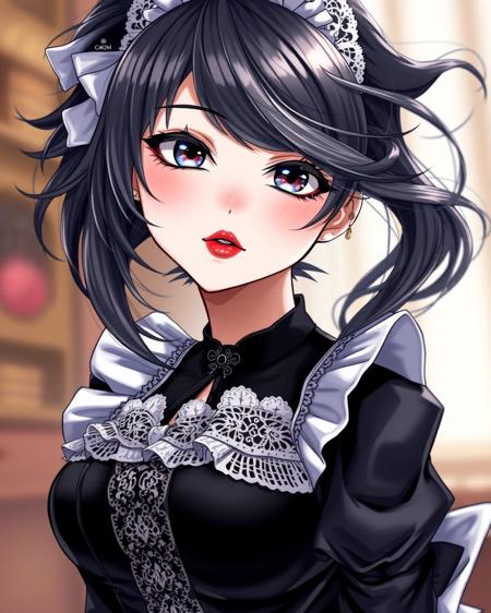 Highly detailed, anime-style girl, beautiful face, smooth porcelain skin, vivid lipstick, perfect makeup, alluring expression, sexy pose, wearing a classic maid outfit with intricate lace details, black and white contrast, elegant and stylish design, soft lighting, background blurred to enhance focus on the character, highly detailed fabric textures, dynamic and flowing hair, vibrant colors