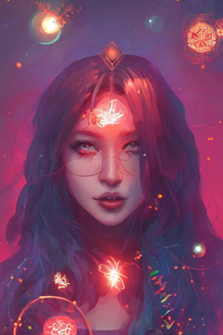 tarot card style, digital illustration, comic book cover, 1girl,aurora, wearing a kimono, rainbow_hair, constellation, crescent_moon, crown, dust,  embers, ferris_wheel,solo, foggy future cinematic lighting, wlop, art by artgerm, anidzk2