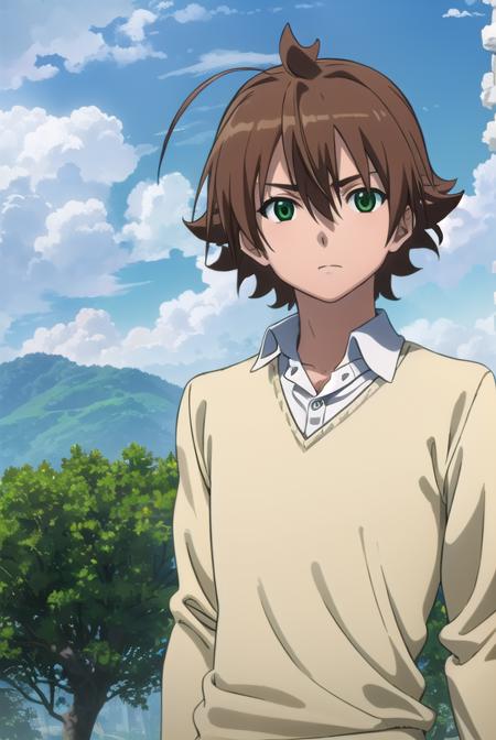 agktatsumi, <lora:agk tatsumi s1-lora-nochekaiser:1>,
tatsumi. brown hair, (green eyes:1.3), male focus, short hair, hair between eyes, ahoge,
BREAK  shirt, white shirt, collared shirt, yellow sweater, long sleeves, pants, black pants, boots, brown boots,
BREAK outdoors, nature, forest, trees, grass, sky, clouds,
BREAK looking at viewer, (cowboy shot:1.5),
BREAK <lyco:GoodHands-beta2:1>, (masterpiece:1.2), best quality, high resolution, unity 8k wallpaper, (illustration:0.8), (beautiful detailed eyes:1.6), extremely detailed face, perfect lighting, extremely detailed CG, (perfect hands, perfect anatomy),