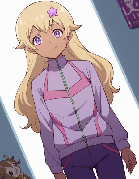 <lora:funicia-raffaeli-s1-ponyxl-lora-nochekaiser:1>, funicia raffaeli, long hair, blonde hair, hair ornament, purple eyes, dark skin, star (symbol), dark-skinned female, star hair ornament, jacket, pants, track jacket,