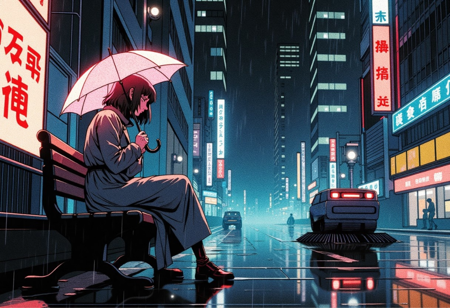 A retro anime-style illustration of a lone protagonist sitting on a futuristic bench in an extremely rainy city at night. The rain is pouring heavily, illuminated by neon signs in Japanese kanji. The character wears a long trench coat and stares at the ground, their face illuminated by a flickering holographic umbrella. The mood is somber yet cinematic, with intricate reflections on the wet pavement. Nearby, a robotic street cleaner silently glides by, sweeping away puddles that instantly reform. Hints of distant sirens echo through the eerily empty streets.