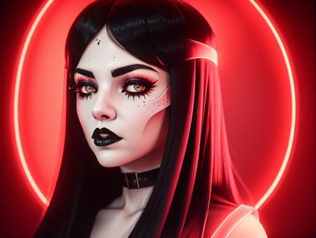 <lora:abstractor_yiu_v10:0.5>, a closeup woman with black hair wearing a white mask, glowing neon vray, character design gothic, death and robots, elfpunk, fuschia skin, satan daughter, sacred skulls, goddess of space and time, red neon light, hollow