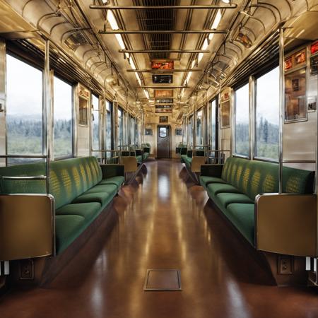 JNR205, train interior, scenery, seat, indoors, vanishing point, window, door, poster (object), realistic