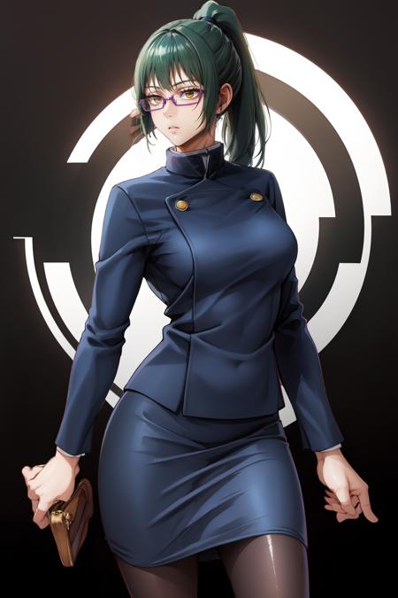 MakiS1, solo, bangs, 1girl, ponytail, green hair, glasses, school uniform,  jacket, closed mouth, semi-rimless eyewear, long hair,  skirt, long sleeves, expressionless, yellow eyes, pantyhose, blue jacket, blue skirt, black pantyhose, parted lips, high ponytail,  <lora:MakiS1:0.8>
BREAK
masterpiece, best quality, highly detailed background, perfect lightingbest quality, ((shiny skin, glossy skin, detailed skin))