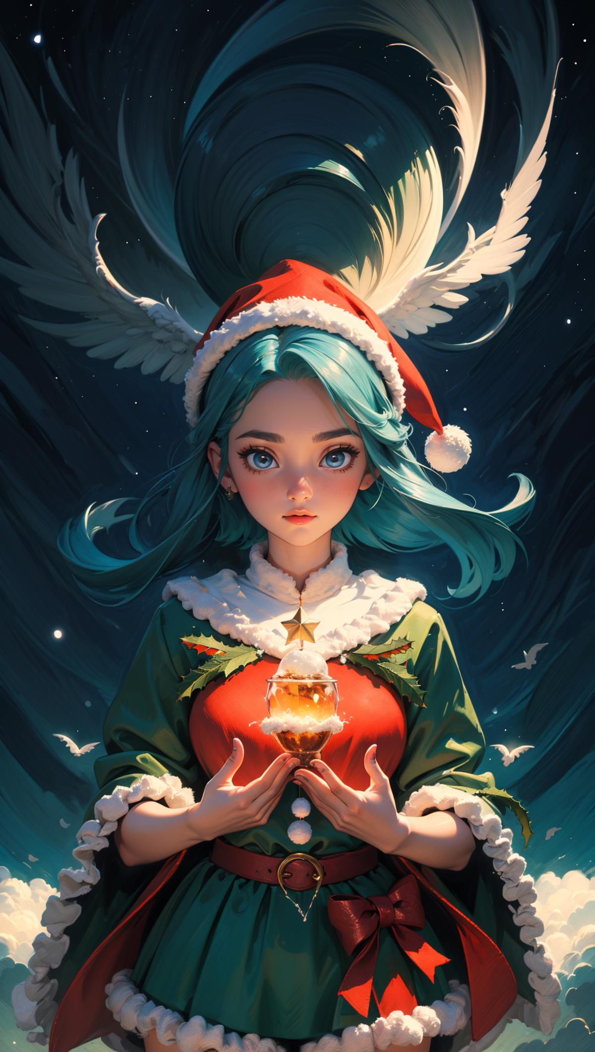Anime-style art of a girl wearing a Santa hat and holding a star ornament.