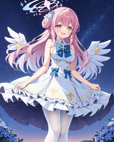 breathtaking,mika \(blue archive\),1girl, solo, breasts, looking at viewer, blush, smile, open mouth, hair ornament, dress, bare shoulders, medium breasts, flower, pantyhose, frills, parted lips, wings, sky, sleeveless, hand up, hair flower, bowtie, hair bun, white dress, bare arms, night, sleeveless dress, feet out of frame, halo, blue bow, scrunchie, frilled dress, star (sky), night sky, feathered wings, starry sky, white pantyhose, angel wings, white wings, blue bowtie, single side bun, low wings, wrist scrunchie
 <lora:Mika_image124_v1:1> . gorgeous,key visual, vibrant, studio anime,award-winning, professional, highly detailed,high budget, cinemascope