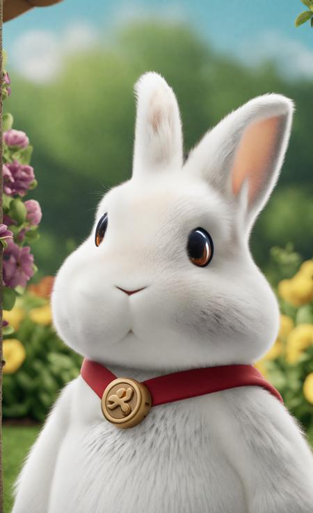 cinematic photo,  a portrait of a white rabbit in party animals style,  in a garden, 35mm photograph, film, bokeh, professional, 4k, highly detailed<lora:PartyAnimals_1.1:1>