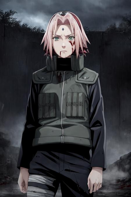 sakura warshippuden, woman, masterpiece, best quality, absurdres, standing , pale skin, (dirty face,   blood on clothes, wet hair:1.2),   serious, badass, bandaged leg, black pants, green eyes, green vest, long sleeves, bangs, forehead protector, shinobi symbol, forehead mark, looking at viewer, upper body,  outdoors, black sky, rain, storm, grey ground,  battlefield background,  war atmosphere, <lora:sakura_shippuden:1>,  <lyco:BetterHands:1.0>,  <lora:DetailLora:1>,  <lora:LowRA:0.4> dark theme