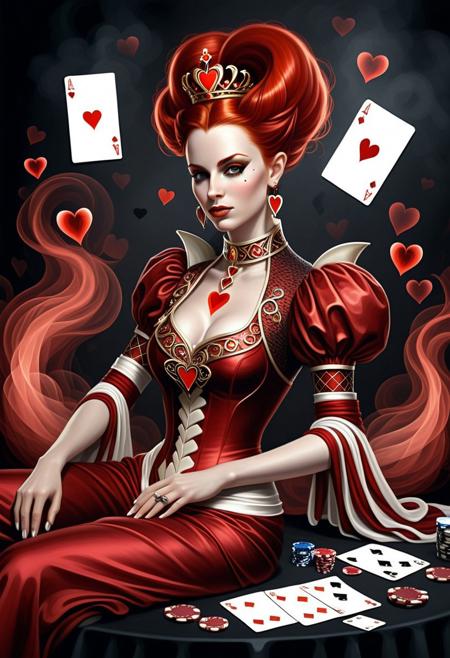 Female, PG, Physical characteristics: Elegant facial features, pale skin, striking dark eyes, flowing red hair composed of heart shapes, full body, full body shot Clothing and accessories: Red, heart-shaped elements enveloping her body and head; intricate earrings visible, Position: Reclining or emerging from the playing card, with one hand extended gracefully, Background: Dark backdrop with smoky, ethereal effects, scattered red hearts and poker chips enhancing the thematic composition, Main element: Queen of Hearts playing card, creatively designed with a vivid, surreal touch, Art style: Hyper-realistic with fantasy elements, emphasizing red tones and a luxurious, dramatic atmosphere,